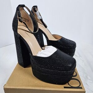 Burudani Black Rhinestone Platform Block Heels Square Toe UWUMPU2402 Womens 9